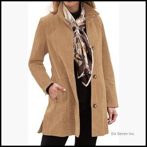 Women's Suede Leather Coat Stand Collar Single Breasted Overcoat Mid Length